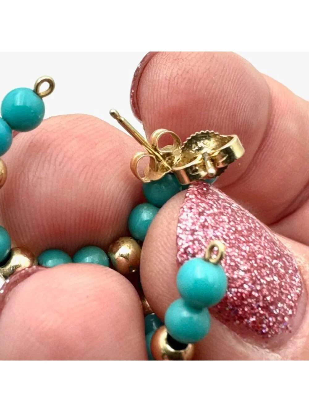 14K Yellow Gold Earrings 1 Inch Turquoise Hoops Pierced